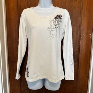 Harley Davidson Y2K White Embroidered‎ Logo Long Sleeve Wings Roses Flawed S/M